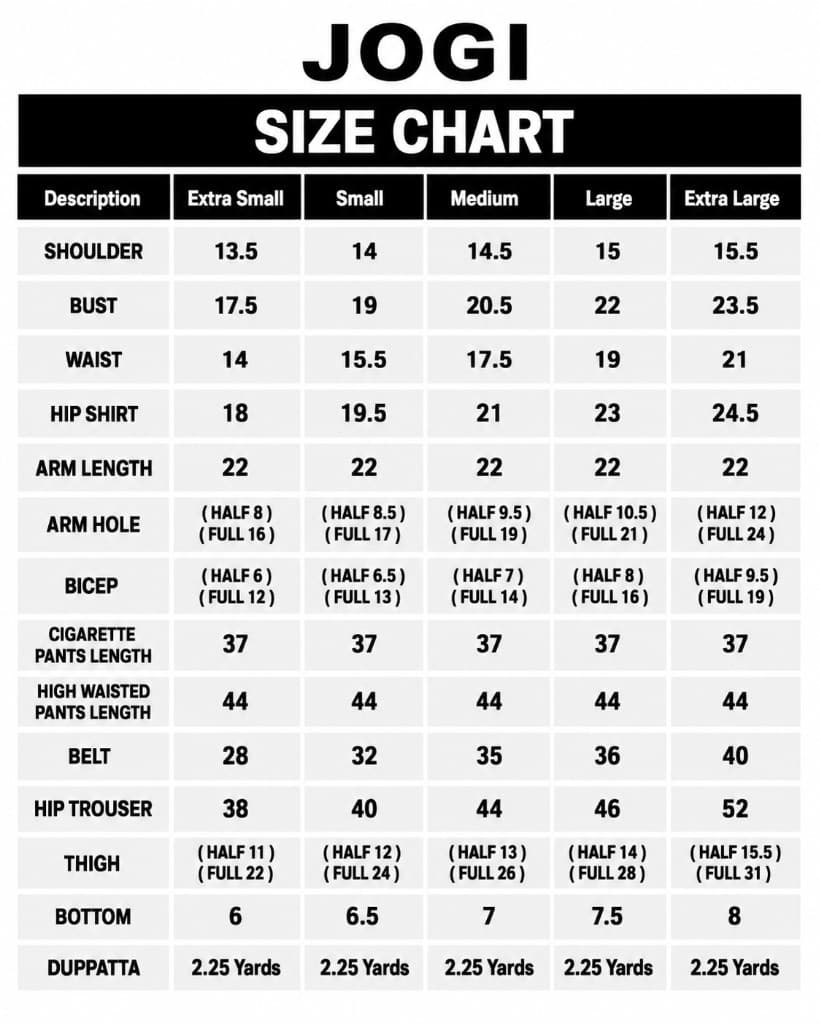 JOGI size chart with measurements in inches for Extra Small through Extra Large — shoulder, bust, waist, hip, arm, pants, belt, thigh, duppatta