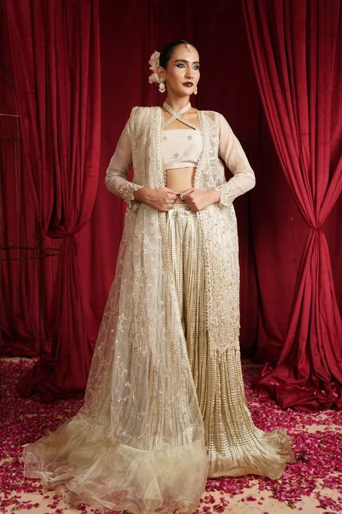 Beige — organza shirt with silk crush sharara ensemble, Jahan Ara collection