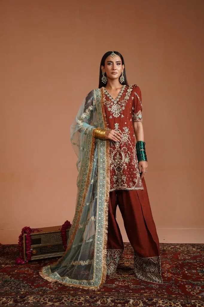 Gulnaz — embroidered Korean raw silk Farshi shalwar ensemble, Jahan Ara collection